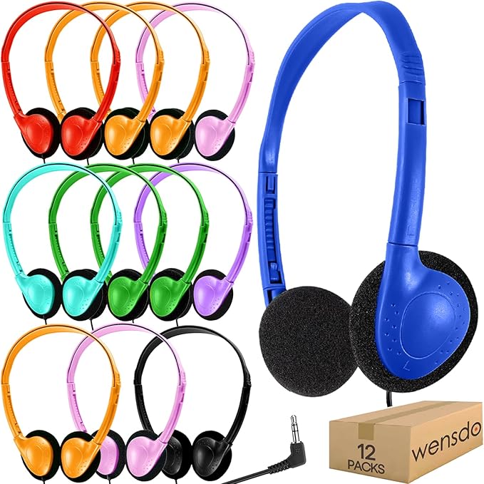 Kids Headphones Bulk 12 Pack for Classroom School Students, Wholesale Multi Color Wired Class Set Headphones for Children Toddler Boys Girls Teen and Adult (HY857,12 Mixed)