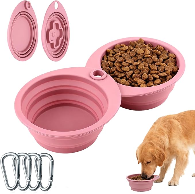 2-Pack Silicone Collapsible Dog Bowls with 4 Carabiners, Food-Grade Portable Pet Travel Bowls for Dogs & Cats, Foldable Water Feeder for Outdoor, Hiking, Camping (Pink)