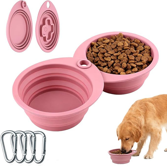 2-Pack Silicone Collapsible Dog Bowls with 4 Carabiners, Food-Grade Portable Pet Travel Bowls for Dogs & Cats, Foldable Water Feeder for Outdoor, Hiking, Camping (Pink)