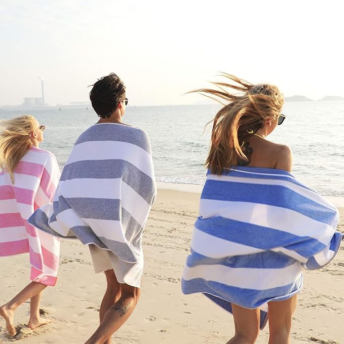 Cotton Oversized Beach Towel - Large 70 x 35 Inch Pool Towel, Grey Striped Quick Dry Swimming Cabana Towel