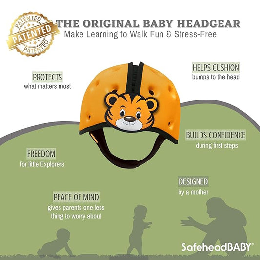 SafeheadBABY Soft Baby Head Protector Helmet for Crawling and Walking 7–24 Months – Ultra-Lightweight & Breathable Infant Safety Helmet That Grows with Your Baby (Head Circ. 40–52 cm) – Tiger Orange