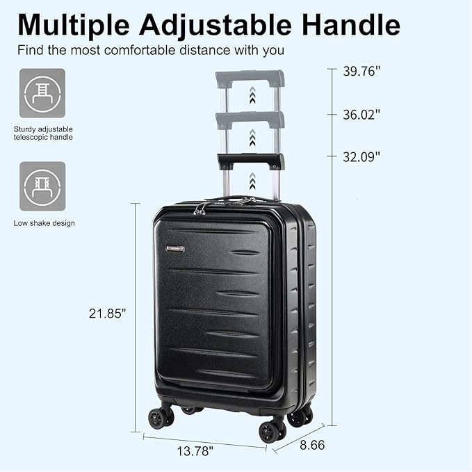 Carry On Luggage 22×14×9 Airline Approved, 20 Inch Lightweight ABS+PC Hard Shell Suitcases with Front Pocket, Spinner Wheels, TSA Lock (Black, 1PC)