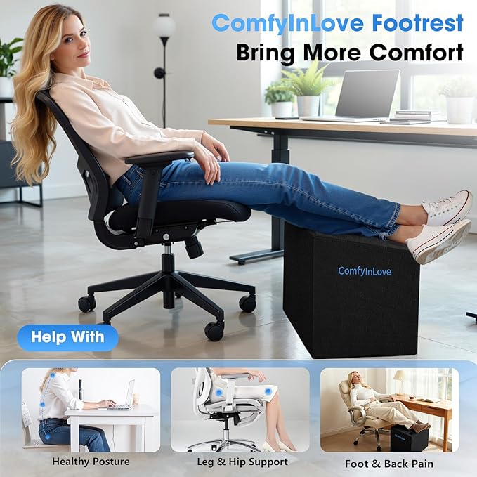 Foot Rest for Under Desk at Work - Non-Slip Foot Stool with 3 Adjustable Heights, Ergonomic Under Desk Footrest with Washable Cover for Desk, Home, Office, Car (Black)
