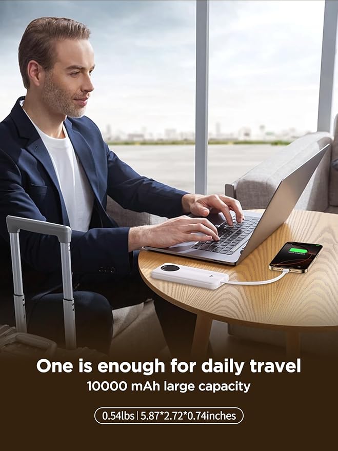 Aioneus Power Bank, 10000mAh Portable Charger with Built in Cables Fast Charging 22.5W USBC in/Out Travel PowerBank Battery Pack for iPhone 17 16 15 14 13 12 Samsung Galaxy S24 A15 Android Phone(1 Pk)