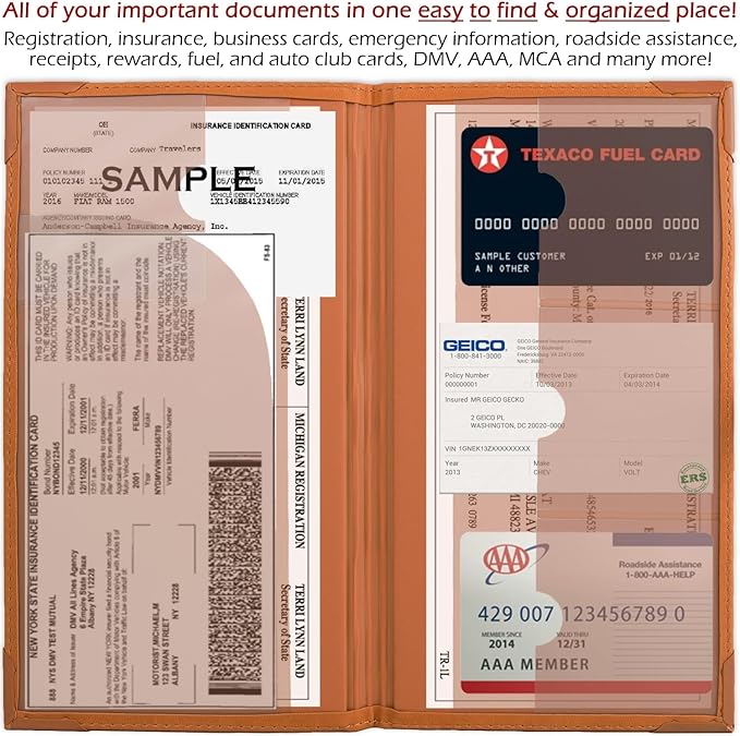 Auto Insurance and Registration Card Holder - Vehicle Glove Box Document Organizer - Car Essential Paperwork Holder for DMV, AAA, Contact Information Cards - Premium PU Leather Wallet Case - Orange