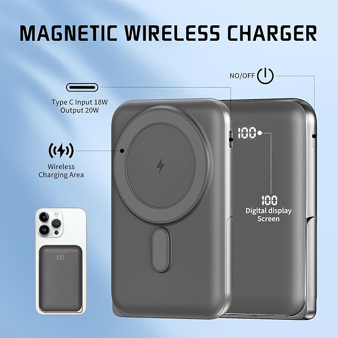 EKR for Magsafe Portable Charger,10000mAh PD20W Magnetic Wireless Power Bank,Fast Charging Battery Pack with Zinc Alloy Stand,Compatible with iPhone 16/15/14/13/12 Series,Samsung Android Series B