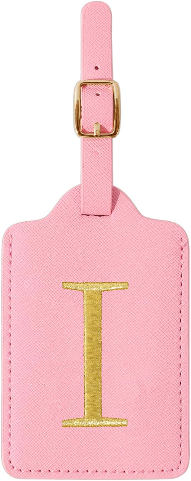 Personalized Initial Luggage Tags for Suitcase, Pink Leather Cute Luggage Tags with Privacy Cover Name Card, Embroidered Custom Monogrammed Luggage Tag Travel Bag Baggage Tags Gifts for Women Kids(I)