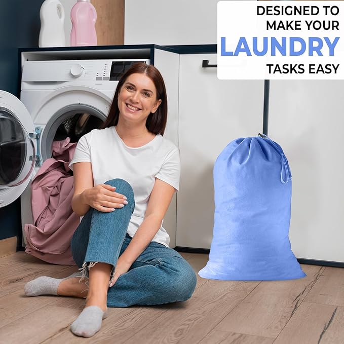 2 Pack - Extra Large Cotton Laundry Bag, Heavy Duty Large Laundry Bags 24 x 36 inch XL Drawstring Travel Organizer Bag Fit Hamper Basket Camp (BLUE, Pack of 2)