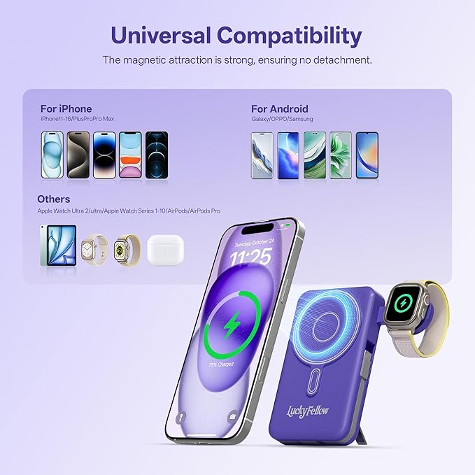 Magnetic Portable Charger Built-in Cables,10000mAh Fast Charging Wireless Charger Station External Battery Pack Slim Pocket Size Power Bank with Stand Compatible with iWatch, iPhone and Android Phones