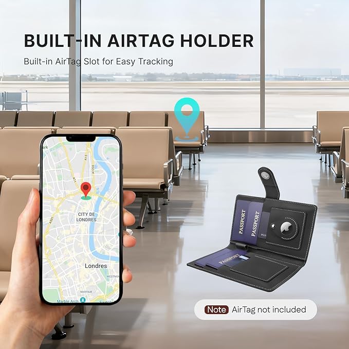 ALLIVE Passport Holder for Travel Family, Genuine Leather Passport Wallet with AirTag Slot, RFID Blocking Travel Document Organizer for Women & Men, Airport Essentials, Family Travel Gift (Black)