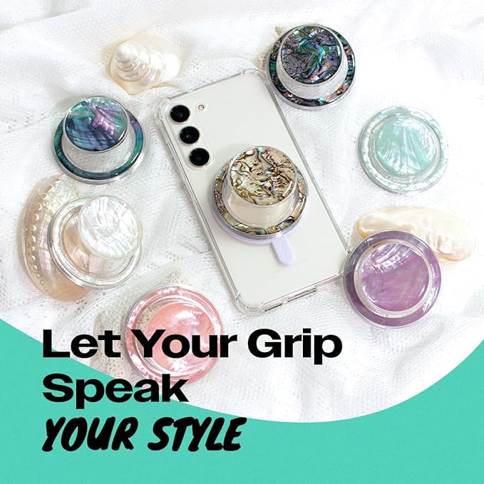 OnTheGrip Cute Natural Seashell Design Round Shape Collapsible Mobile Phone Grip Stand Holder for Smartphone Tablet Cell Phone Accessory (Crème)