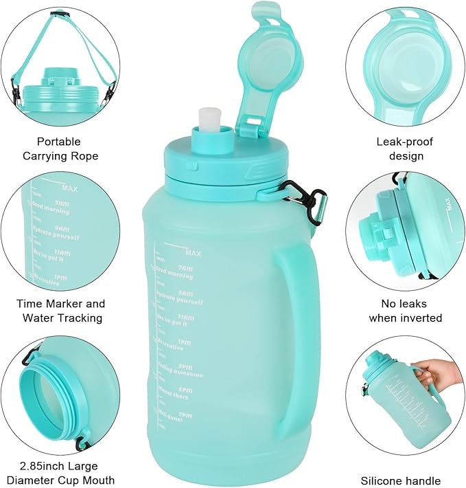 Collapsible Water Bottles, 2L/64OZ travel water bottle Bottle with Straw, Half Gallon Large Water Bottle for Travel Outdoor Sports Runing Fitness Yoga (Upgraded Snow Cyan)