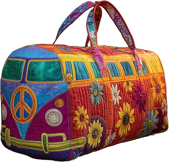Hippie Journey Quilted Duffel Bag Hippie Van Travel Duffel Bag Vintage Floral Weekender Overnight Bags Women Gym Bags