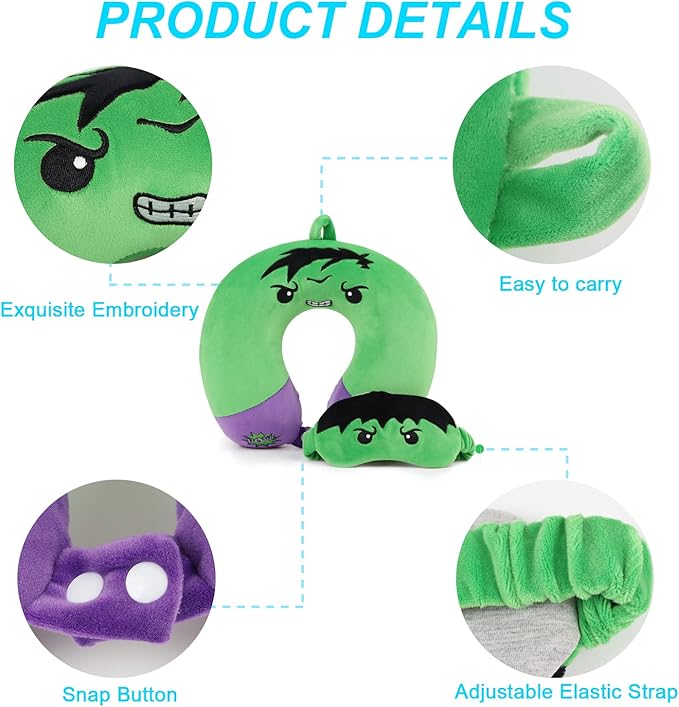 Superhero Travel Pillow for Kids & Adults with Sleep Eye Mask, Memory Foam U-Shaped Neck Pillow with Washable Cover, Soft Head Support Travel Accessories for Airplane Car Train Bus Recline, Green
