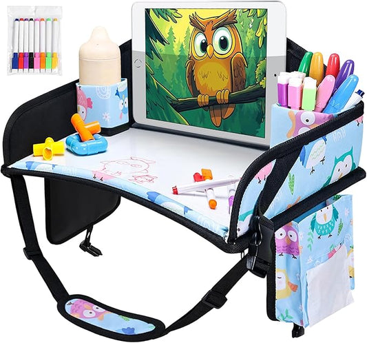 WENRENER Kids Travel Tray, Car Seat Tray for kids Travel, Toddler Road Trip Essentials With Drawing Kit, Toddler Lap Desk Organizer for Car, Carseat Table for Airplane