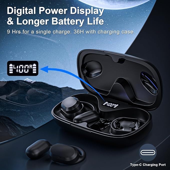 TTQ Open Ear Headphones, Open Ear Earbuds, IPX7 Waterproof, Bluetooth 5.3 True Wireless Sports Over Ear Earbuds with Earhooks, Built-in Mic, Crystal-Clear Calls for Running Workout Cycling Driving