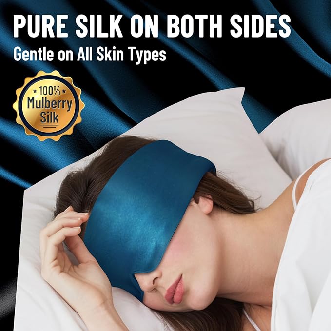 100% Mulberry Silk Sleep Mask, Large Eye Cover for Sleeping, Comfortable and Pressure-Free Sleeping Masks for Women Men, Completely Blackout (Peacock Blue)