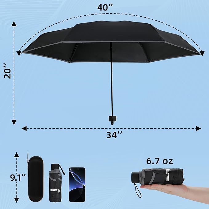 GAOYAING Mini Compact Travel Umbrella with Reflective Safety Stripes, Portable Folding Design with Case