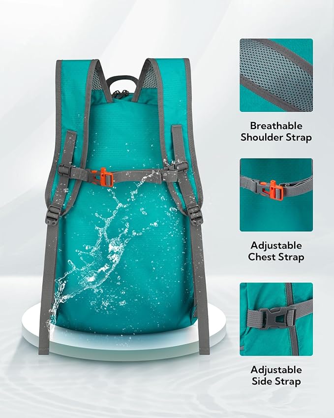 WATERFLY Hiking Packable Daypack Backpack: 35L Ultra Lightweight Day Pack for Woman Man - Large Compact Folding Back Pack for Outdoor Sport Cycling Camping Travel Trip - Turquoise