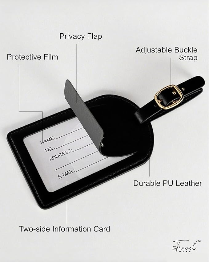 Luggage Tags for Suitcases,2 Pack PU Leather Privacy Protection Bag Tags Travel Accessories Essentials,Black