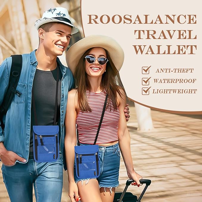 Passport Holder for Travel, Neck Pouch Travel Wallet With RFID Blocking, Waterproof Lightweight Passport Wallet for Women and Men (Blue)