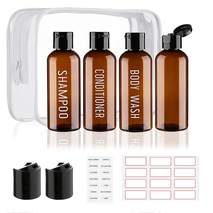 Travel Bottles for Toiletries 4 Pack 3.4oz/100ml TSA Approved Travel Size Containers Leak Proof Shampoo and Conditioner Bottles Plastic Squeeze Bottle(Brown)