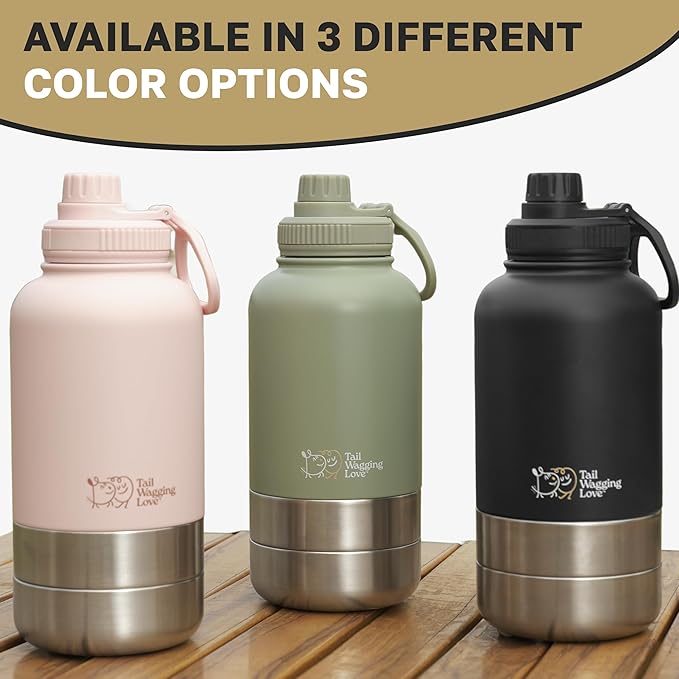 32oz 3-in-1 Travel Water Bottle for Dogs & Humans, Dual Use, Stainless Steel, Keeps Water Hot 6hrs/Cold 12hrs, Leak-Proof with Detachable Food & Water Bowls, Perfect for Travel