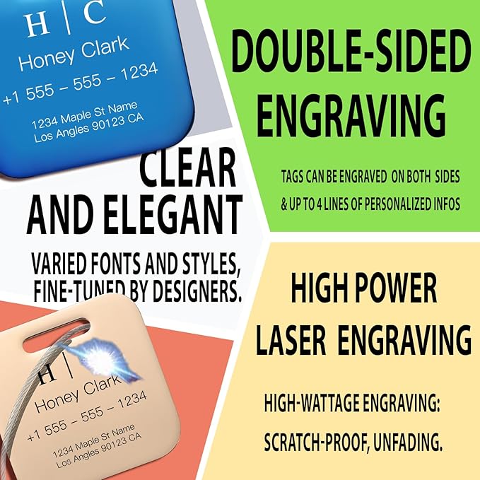 Stainless Luggage Tags for Suitcases 4 Pack: Metal Personalized Luggage Tags for Backpacks & Bags with Customizable Texts (Black)