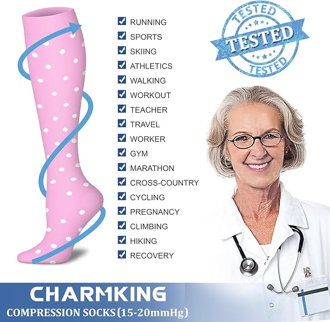 CHARMKING Compression Socks for Women & Men Circulation (8 Pairs) 15-20 mmHg is Best Support for Athletic Running,Cycling