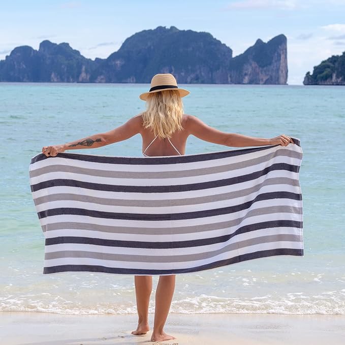 Arkwright Cabo Cabana Stripe Beach Towel - Pack of 4 - Large Soft Quick Dry Cotton Terry Towels for Pool, Swim, and Hot Tub, Oversized 30 x 70 in, Charcoal/Silver