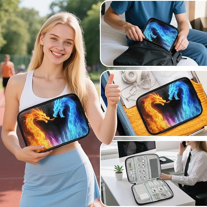 Fire Dragon Travel Cable Organizer Pouch Flame Blue Dino Electronics Accessories Carry Case Portable Water Resistant Storage Bag for Cord Charger Phone Earphone SD Card