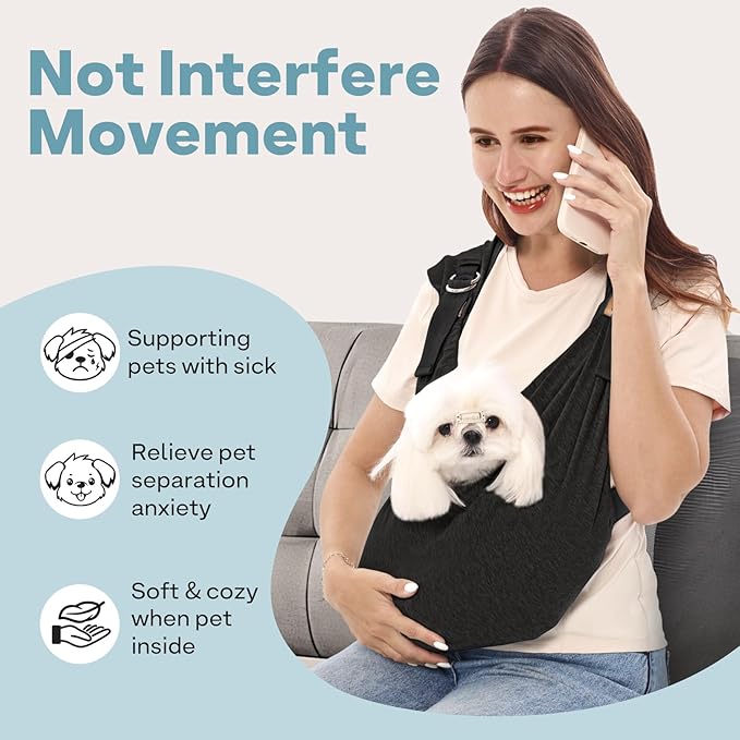 Supet Dog Carrier Sling for Small Dogs, Front Facing Cat Sling Carrier Chest, Hands Free Pet Sling Carrier, Adjustable Dog Front Carrier, Reducing Back Pain, Anti Pet Anxiety (Black, Plus)
