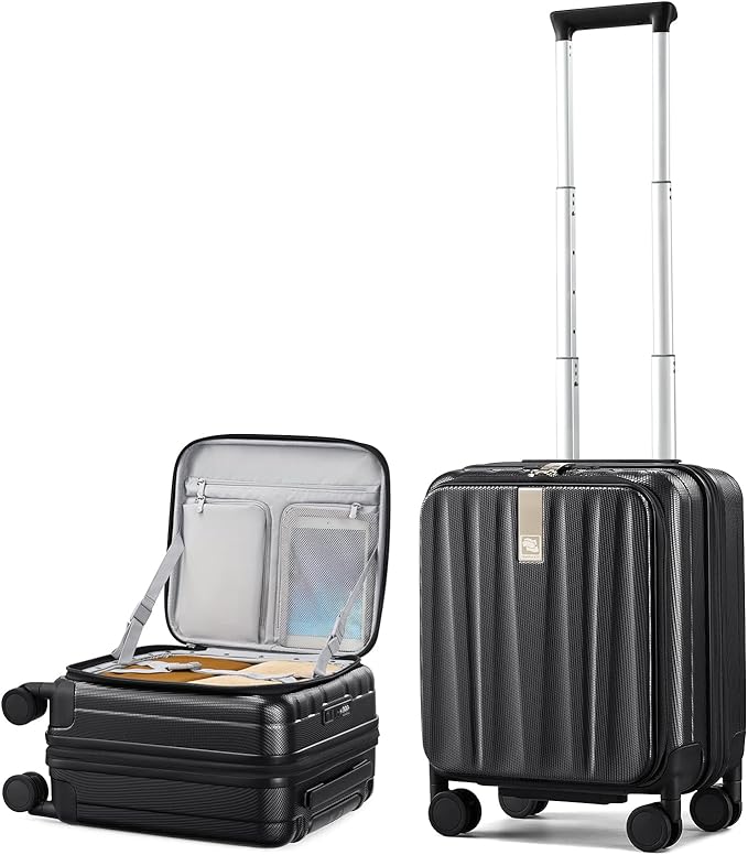 Hanke 16 Inch Expandable Under Seat Luggage with Wheels Top Opening Small Suitcase with Wheels Carry On Luggage Airline Approved Lightweight Hard Shell Suitcases for Weekender Overnight-Jet Black