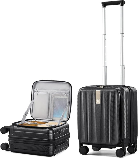 Hanke 16 Inch Expandable Under Seat Luggage with Wheels Top Opening Small Suitcase with Wheels Carry On Luggage Airline Approved Lightweight Hard Shell Suitcases for Weekender Overnight-Jet Black