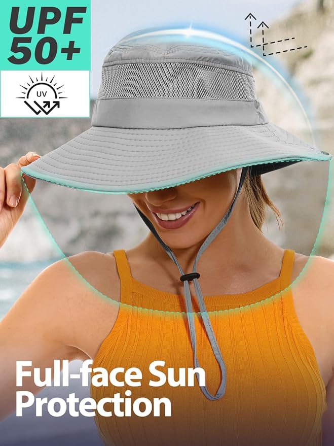 Sun Bucket Beach Hats for Women with Ponytail Hole,Sun Protection UV UPF50+ Waterproof Fishing Safari Hiking Hat