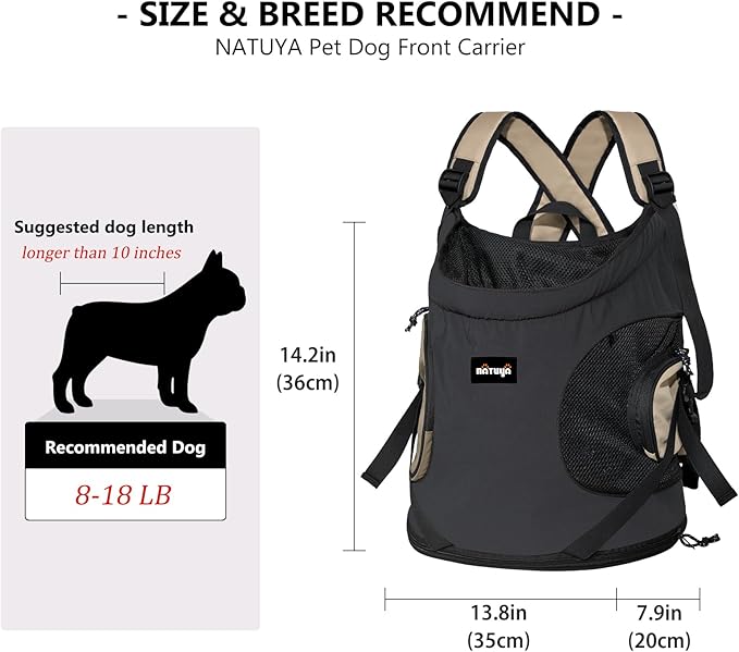 NATUYA Dog Front Carrier, Pet Carrier Front-Pack for Small Dog Puppy Cat, Travel Hiking Waterproof Lightweight Pet Bag, Padded Bottom Mat & Zip Pockets (Black)