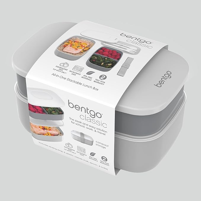 Bentgo Classic - Adult Bento Box, Stackable 3-Compartment Lunch Box with Removable Utensil Set and Sealing Strap, BPA-Free, Food Container Ideal for Meal Prep, Work, and On the Go (Gray)