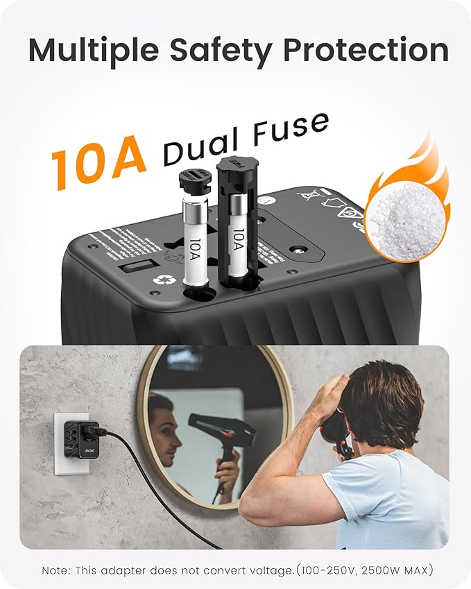LENCENT Universal Travel Power Adapter, International AC Plug Adaptor with 3 USB A Ports 1 Type C PD Wall Charger Worldwide Travel Essentials for US to EU UK Ireland Australia (Type C/G/A/I) Black