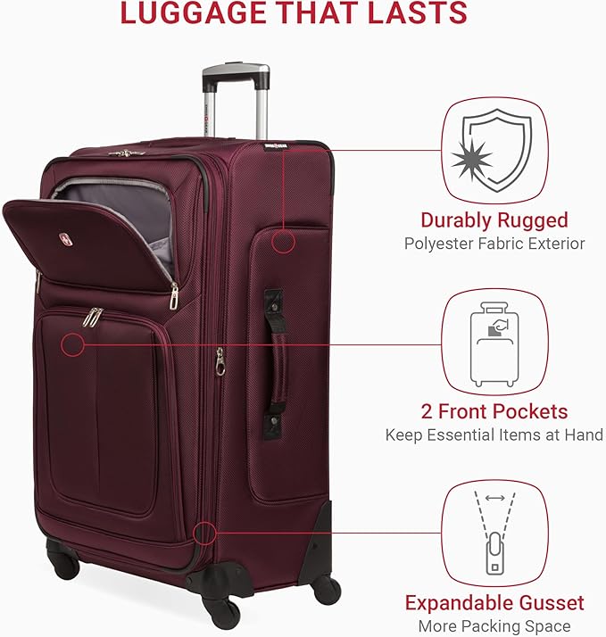 SwissGear Sion Softside Expandable Luggage – Large Checked Suitcase with 360 Degree Wheels & Retractable Handle – 29 Inch, Perfect for 7-9 Night Trips – Merlot