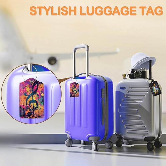 Retro Neon Treble Clef Pop Art PU Leather Luggage Tags for Suitcase, Travel Cruise 3 Pack with Privacy Flap, Name ID Label and Metal Loop for Women Men Girls Baggage Bag Backpack