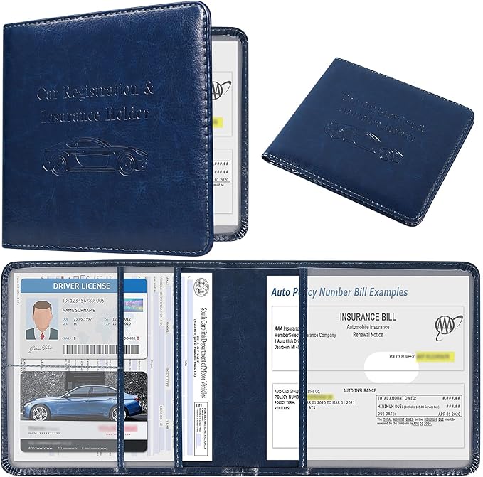 DMLuna Car Registration and Insurance Holder, Folio Leather Vehicle Card Document Glove Box Organizer, Auto Truck Compartment Accessories for Essential Information, Driver License Cards, Dark Blue