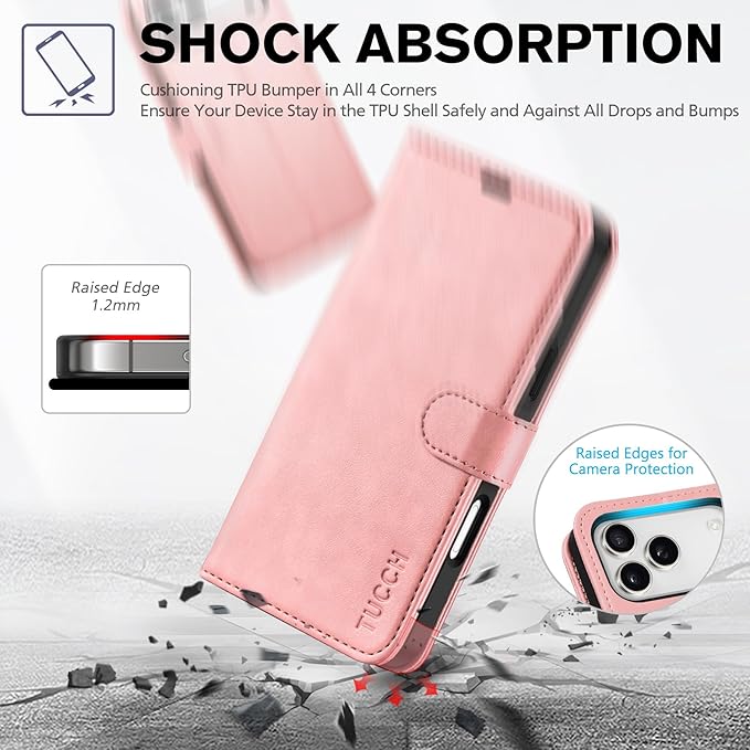 TUCCH Case Wallet for iPhone 17 Pro Max (6.9") 2025, Stand | RFID Blocking | 4 Card Holders | PU Leather | Magnetic Closure Folio Protective Cover | TPU Shockproof Inner Shell | Rose Gold
