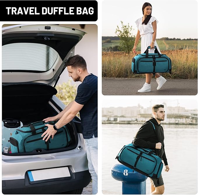 MIER Foldable Duffle Bag with Shoe Compartment 50L Travel Duffel Bags for Men Women Packable Overnight Bag for Camping Gym Weekender, Teal