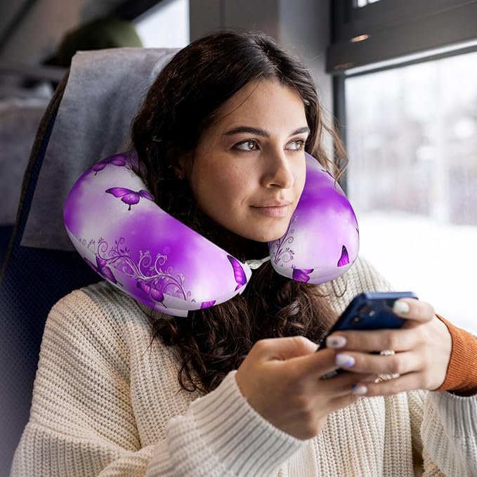 Comfortable Memory Foam Neck Pillow Purple Butterfly Art, Travel U Shaped Airplane/Car/Flight Pillows with Removable Zipper Cover, Chin Head Neck Support Cushion