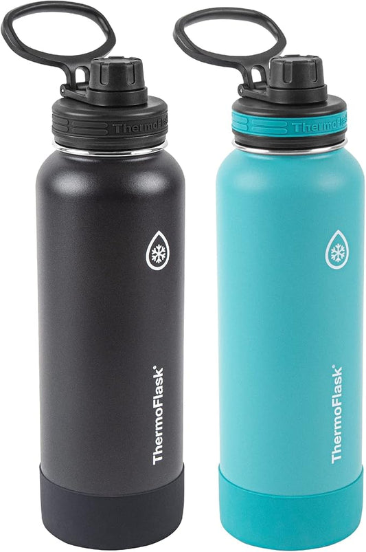 ThermoFlask 40 oz Bottle - Stainless Steel, Double-Wall Insulation & BPA-Free - Leakproof, Reusable with Spout Lid - Onyx Black/Splash (2 Pack)