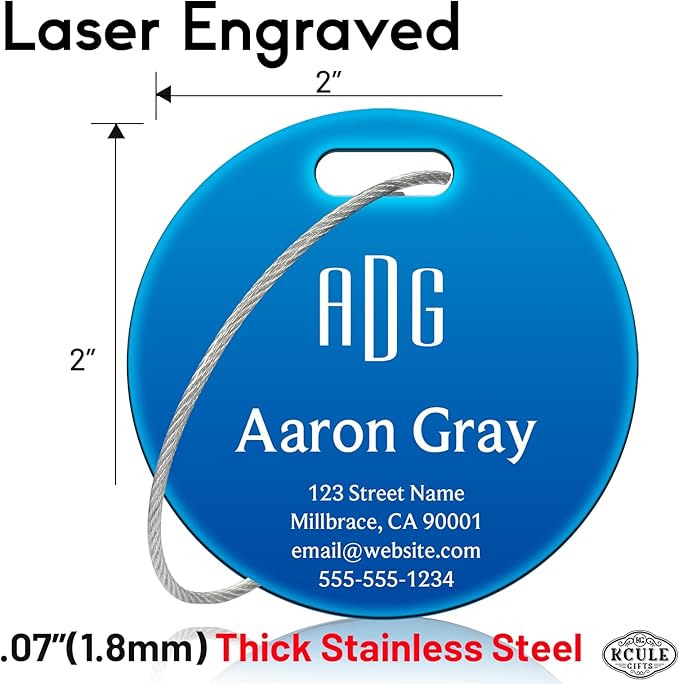 Personalized Luggage Tags for Suitcases - Stainless Steel Custom Luggage Tags for Backpacks & Bags, Sturdy, Waterproof & Heavy Duty (Blue/Round)