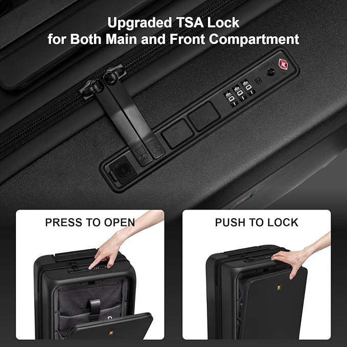 LEVEL8 Road Runner Pro Carry-On Luggage, 20” Lightweight PC Hardside Suitcase with Wheels, Spinner Trolley for Luggages with Front Compartment, Tsa Lock, Black