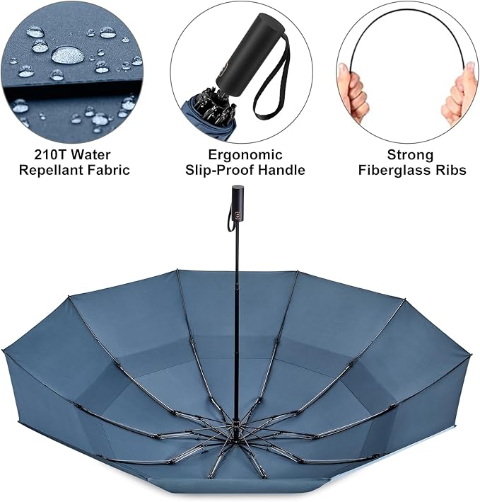 Prospo 46/62 Inch Large Travel Umbrellas for Rain Windproof, 10 Ribs Compact Reverse Folding Golf Umbrella, Double Canopy Automatic Open Close