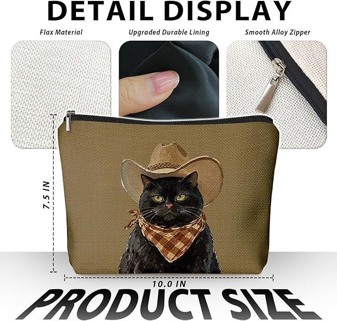 Funny Black Cat Makeup Bag, Cat Mom Lady Lovers Gifts for Women Cosmetic Bag, Pet Lover Gifts, Funny Western Cowboy Black Kitten Small Toiletry Bags Zipper Makeup Pouch