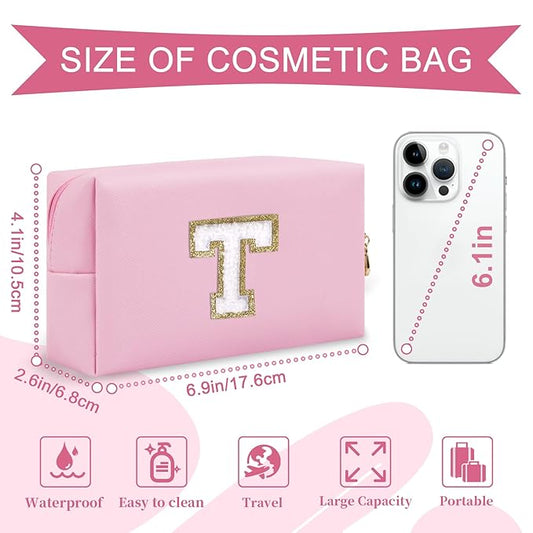 Personalized Initial A-Z Preppy Patch Makeup Bag,Small PU Chenille Letter Cosmetic Bag with Zipper for Teen Girls,Pink Cute Toiletry Organizer Bag,Monogram Makeup Case Gift for Women Girls,Letter T